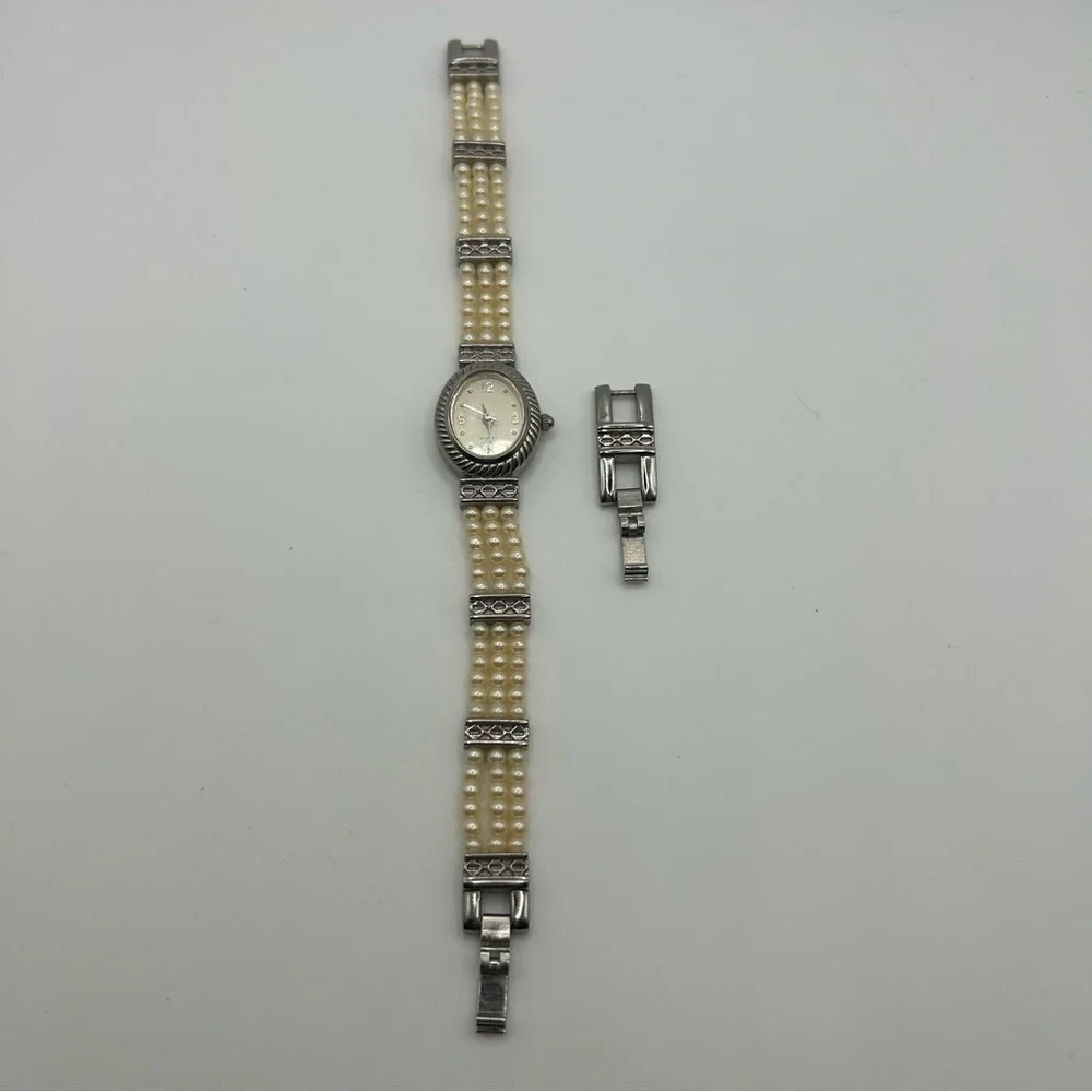 Avon VTG Faux Pearl Band Women's Silver Tone Oval Watch - With New Battery